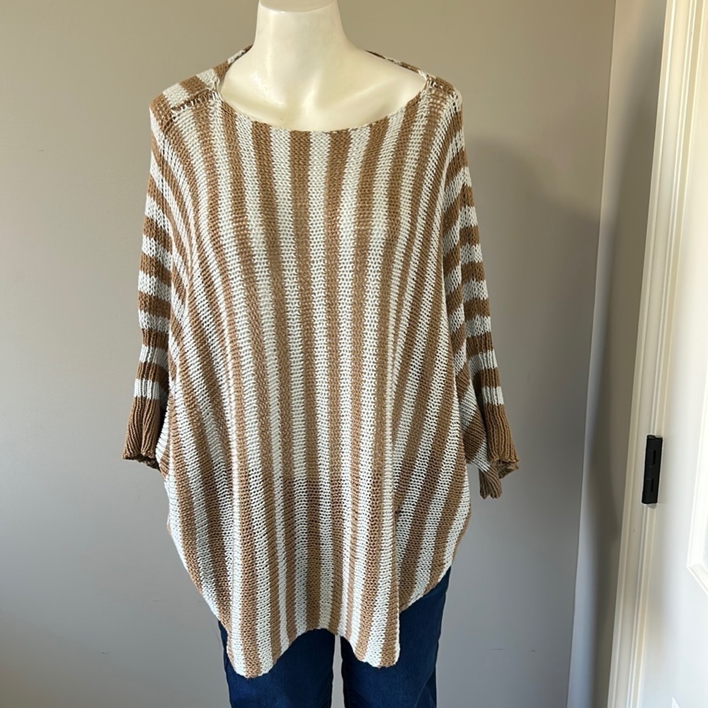 Anthropologie Wooden Ships Boatneck Open Knit Batwing Tan Light Blue Sweater M/L